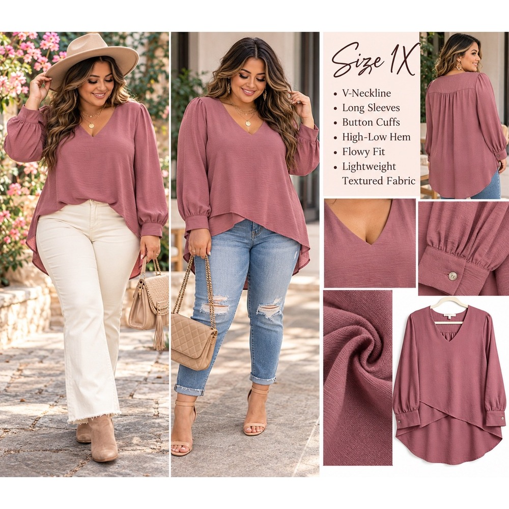 Adyson Parker Mauve Textured V-Neck High-Low Crossover Blouse Plus 1X